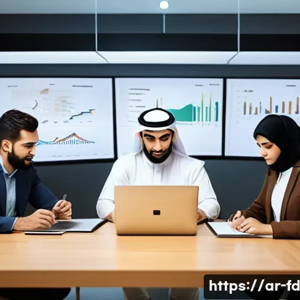 구조화 데이터 활용과 SEO 전략 - A modern Arabic digital marketing office scene showcasing a diverse group of professionals analyzing...