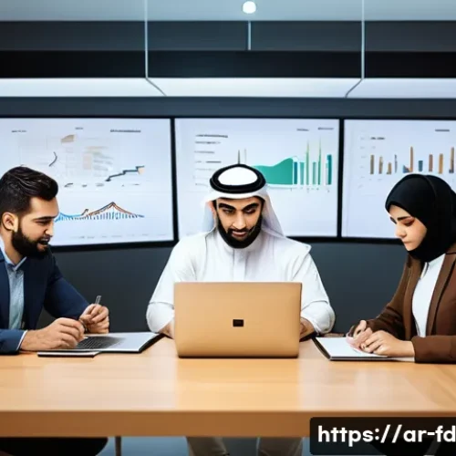 구조화 데이터 활용과 SEO 전략 - A modern Arabic digital marketing office scene showcasing a diverse group of professionals analyzing...