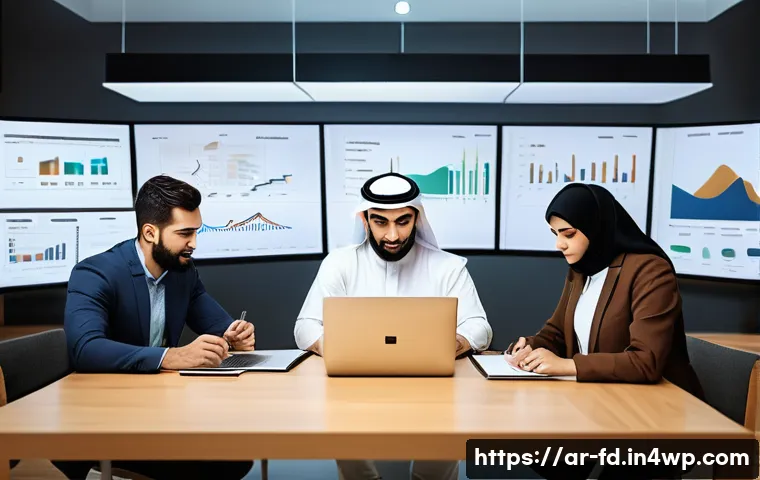 구조화 데이터 활용과 SEO 전략 - A modern Arabic digital marketing office scene showcasing a diverse group of professionals analyzing...