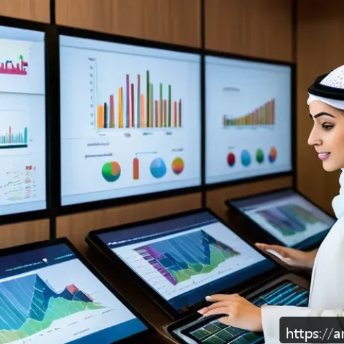 검색엔진 최적화를 위한 데이터 기반 의사결정 - A detailed digital marketing control room scene focused on Arabic website analytics: multiple large ...