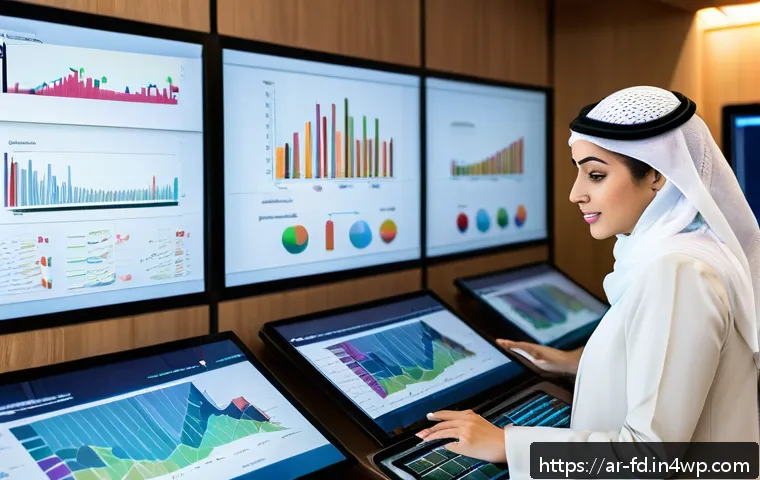 검색엔진 최적화를 위한 데이터 기반 의사결정 - A detailed digital marketing control room scene focused on Arabic website analytics: multiple large ...