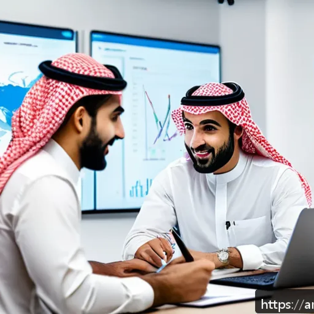 고급 SEO를 위한 키워드 트렌드 분석 - A modern digital marketing office scene focused on Arabic SEO specialists analyzing keyword data on ...