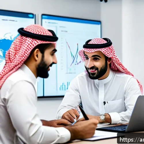 고급 SEO를 위한 키워드 트렌드 분석 - A modern digital marketing office scene focused on Arabic SEO specialists analyzing keyword data on ...
