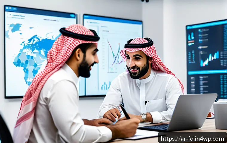 고급 SEO를 위한 키워드 트렌드 분석 - A modern digital marketing office scene focused on Arabic SEO specialists analyzing keyword data on ...