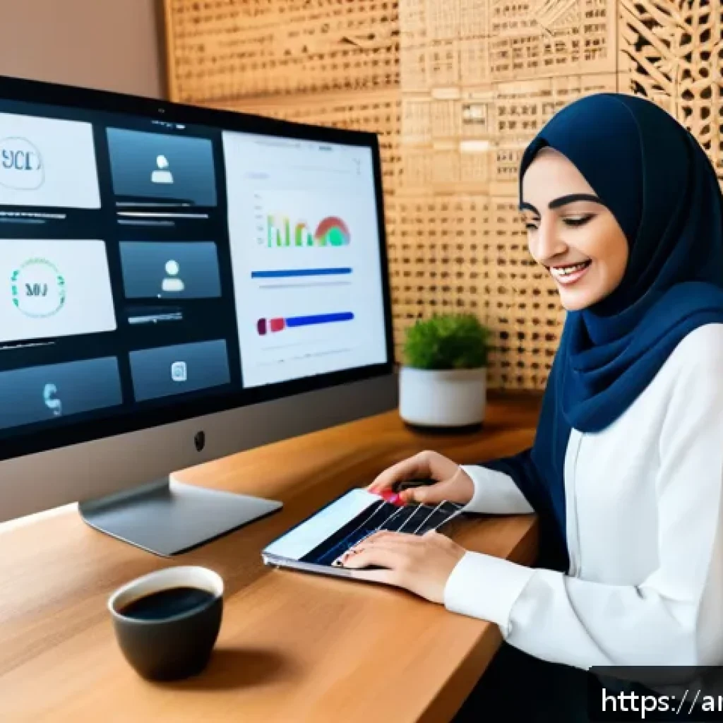 SEO 최적화를 위한 디지털 마케팅 전략 - A modern Arab digital marketing workspace featuring a young Middle Eastern professional woman in sty...
