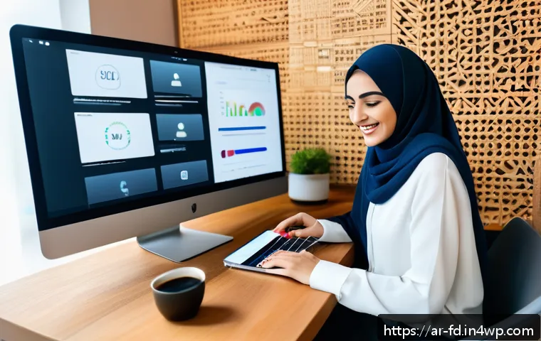 SEO 최적화를 위한 디지털 마케팅 전략 - A modern Arab digital marketing workspace featuring a young Middle Eastern professional woman in sty...